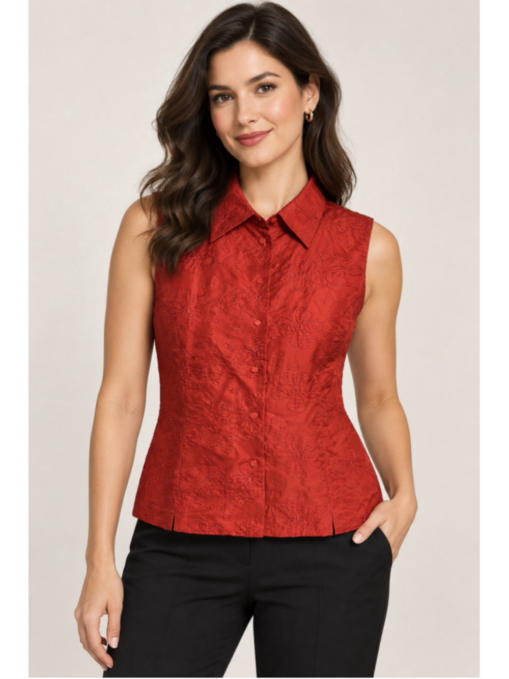 Silk Land Red 100% Silk Embroidered Sleeveless Blouse – Size 12